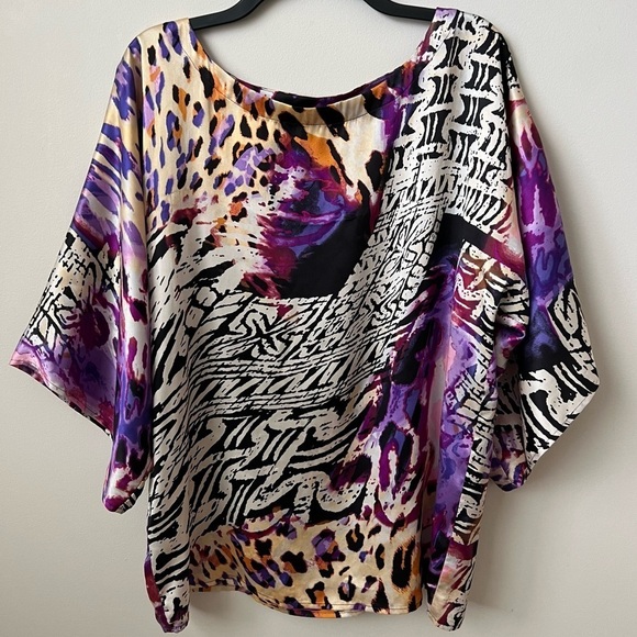 Cache' Vintage Abstract Animal Print Silk Top Dolman Sleeve Purple Artsy 90s S - Picture 1 of 7